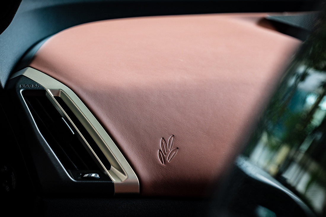 BMW iX leather detail - olive motif
