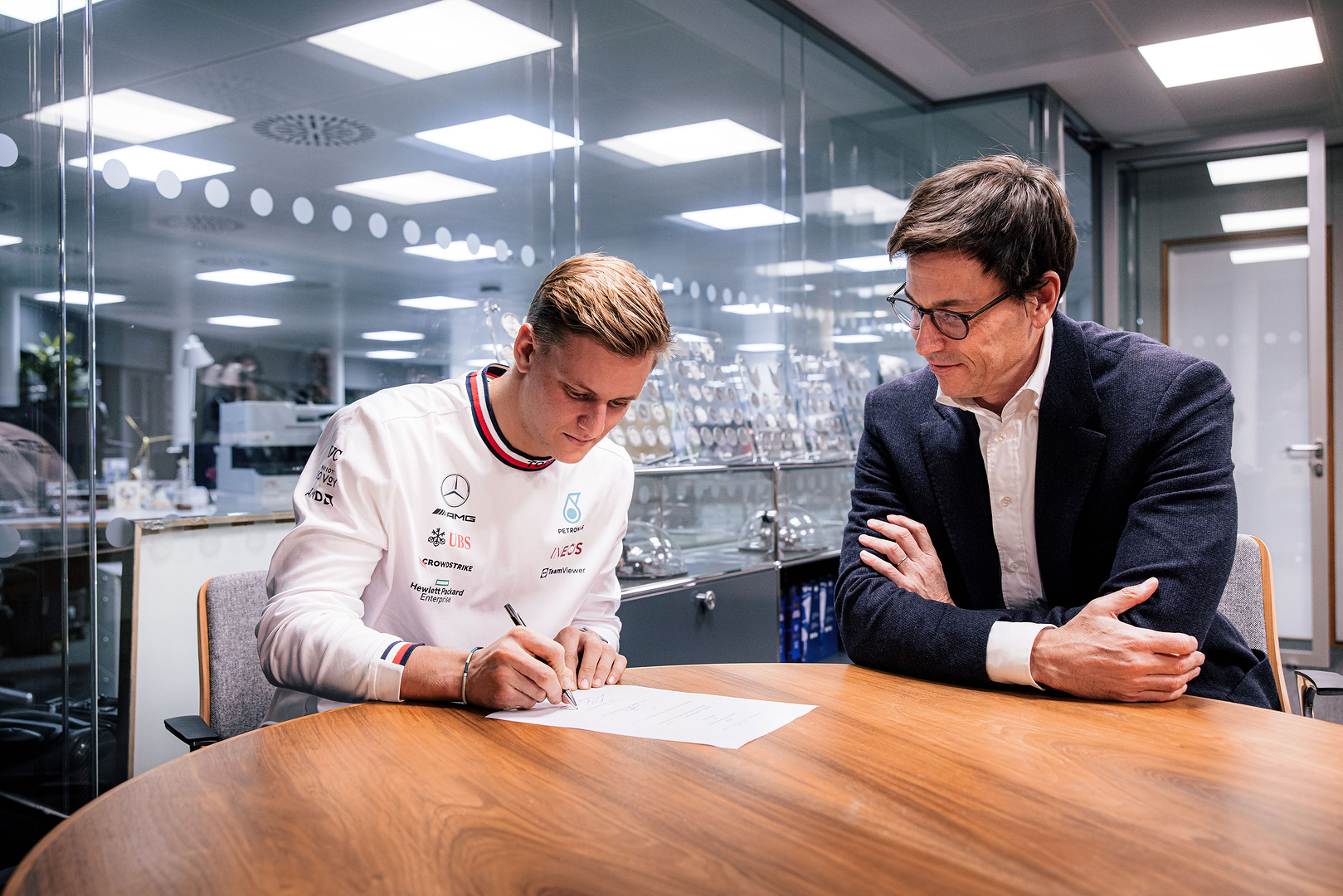 Pictured: Mick Schumacher (left) and Toto Wolff (right)